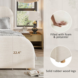 English Elm King Upholstered Bed Curved Linen Headboard Solid Wood Legs Transitional Bedroom N757K427673I