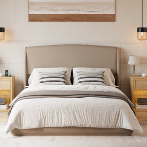 English Elm Upholstered Queen Platform Bed Curved Wingback Linen Headboard Modern Bedroom Frame Brown N733S439498N