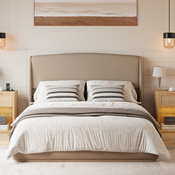 English Elm Upholstered Queen Platform Bed Curved Wingback Linen Headboard Modern Bedroom Frame Brown N733S439498N