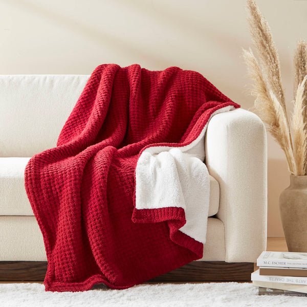 JLA Home Madison Park - Waffle Chenille Throw with Sherpa Reverse for Cozy Warmth, Textured Waffle Knit, Machine Washable Red MP50-8270