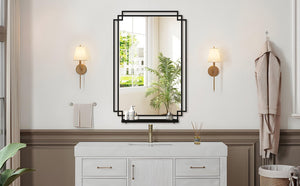 English Elm 24*36 Ines Black Iron Frame Wall Mirror with Integrated Shelf for Bath or Bedroom W708P421807