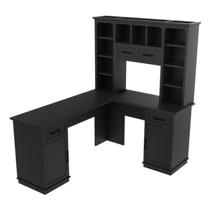 English Elm L-shaped computer desk with ample storage 11 shelves, 3 cabinets, 2 drawers, flip-up shelf for workspaces Black W1580S00189
