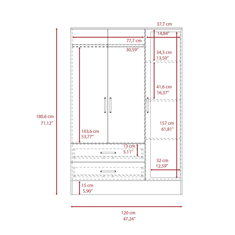 English Elm Bolton Mirrored Armoire 71.1" H x 47.2" W Multicolor - Double Door, 61" Mirror, 2 Drawers, Rods, Shelves B200S00361
