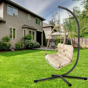 English Elm Swing Egg Chair with Stand - Foldable Rattan Hanging Basket Seat, Cushioned Comfort, Cup Holder Beige+Brown W2707P388617