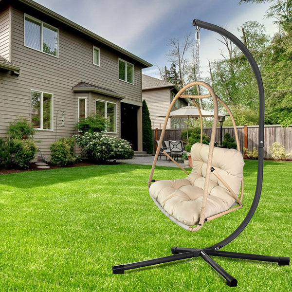 English Elm Swing Egg Chair with Stand - Foldable Rattan Hanging Basket Seat, Cushioned Comfort, Cup Holder Beige+Brown W2707P388617