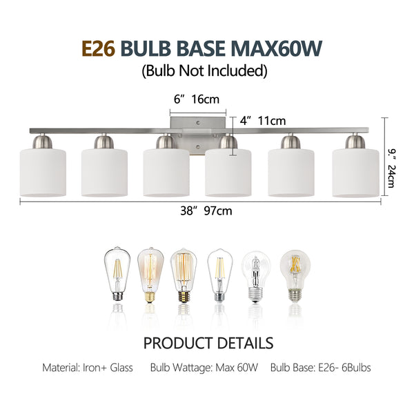 English Elm 38" 6-Light Chrome Vanity Light with Milky White Glass Shades, Dimmable Hardwired Wall Sconce for Bathroom Mirrors and Dressing Areas W2312P374853