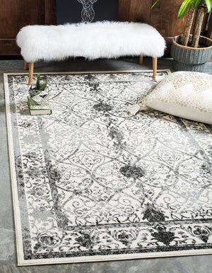 Unique Loom La Jolla Traditional Machine Made Floral Rug Ivory and Gray, Black/Gray/Ivory 6' 1" x 9' 0"