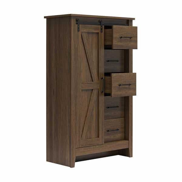 English Elm Alton Farmhouse Chest with Sliding Barn Door Five Drawers and Matte Black Hardware Walnut B2733S00015