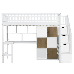 English Elm Wood Twin Loft Bed with Built-In L-Desk, LED Lighting, Staircase Storage, Shelves & Cabinets White N7090000470K