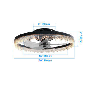 English Elm Smart Luxury Crystal Flush Mount Fan 20" LED Chandelier with 5 Invisible Blades, Remote & App Control, Dimmable Timer W2312P368702