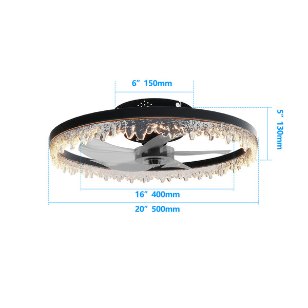 English Elm Smart Luxury Crystal Flush Mount Fan 20" LED Chandelier with 5 Invisible Blades, Remote & App Control, Dimmable Timer W2312P368702