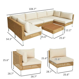 English Elm Modular Outdoor Sectional 7 Piece Pe Rattan Patio Set with Acacia Wood Table T3971S00147