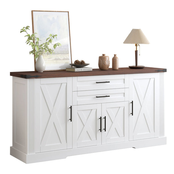 English Elm 63" Fluted Mdf Sideboard with Wood Tone Top Four Doors Three Drawers Dining Storage White W2917S00013