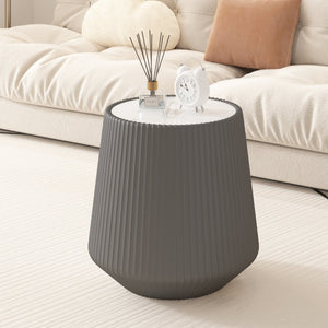 English Elm Light Sintered Stone Top Round Coffee Table with Leather Drum Base for Living Room Grey W3081P367593
