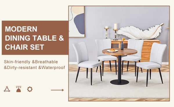 English Elm Table 5-Piece Modern Dining Set - 31.5" Dark Wood Grain Round Table & 4 Light Gray Pu Chairs W1151S02488-GIGA