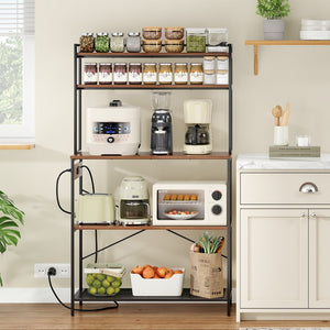 English Elm Large Five Tier Industrial Bakers Rack with Built in Outlets Microwave Stand Kitchen Organizer Walnut T3623P431208