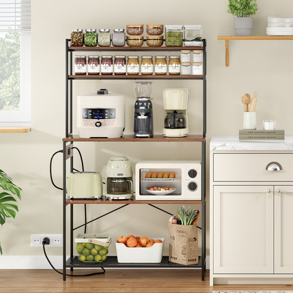 English Elm Large Five Tier Industrial Bakers Rack with Built in Outlets Microwave Stand Kitchen Organizer Walnut T3623P431208