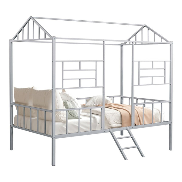 English Elm Twin Contemporary House-Style Loft Bed with Full Metal Frame, Angled Ladder, Sturdy Kids Bunk Design Silver 78 L x 15 W x 7 H B2741P347295