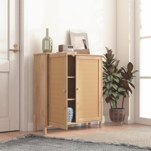 English Elm Mid-Century Woven Rattan Door Storage Cabinet with Adjustable Shelves and Solid Wood Legs, Stylish and Functional Natural 35.4 L x 18.5 W x 6.3 H W3151P288911