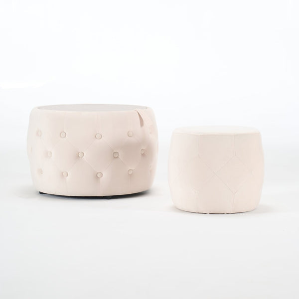 English Elm Ball Cast Round Nesting Ottoman Set Linen Upholstered Hidden Storage with Wooden Tray Beige W3163P379358