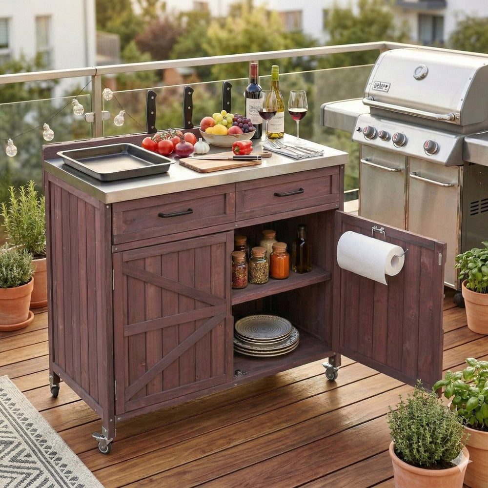 English Elm K&k Outdoor Prep Station Stainless Steel Top Fir Wood Cabinet with Drawer and Wheels Dark Brown N707P370273Z