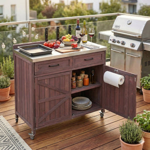 English Elm K&k Outdoor Prep Station Stainless Steel Top Fir Wood Cabinet with Drawer and Wheels Dark Brown N707P370273Z