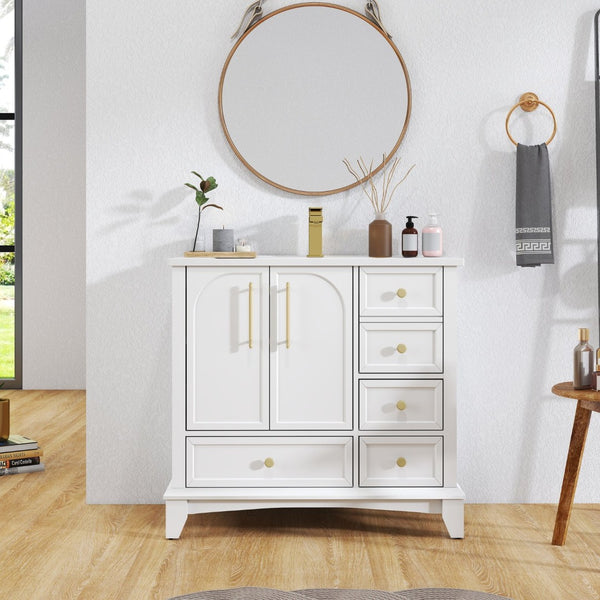 English Elm 35.6" Freestanding Bathroom Vanity with Roman Column Base and Ceramic Integrated Sink White W1801S00003