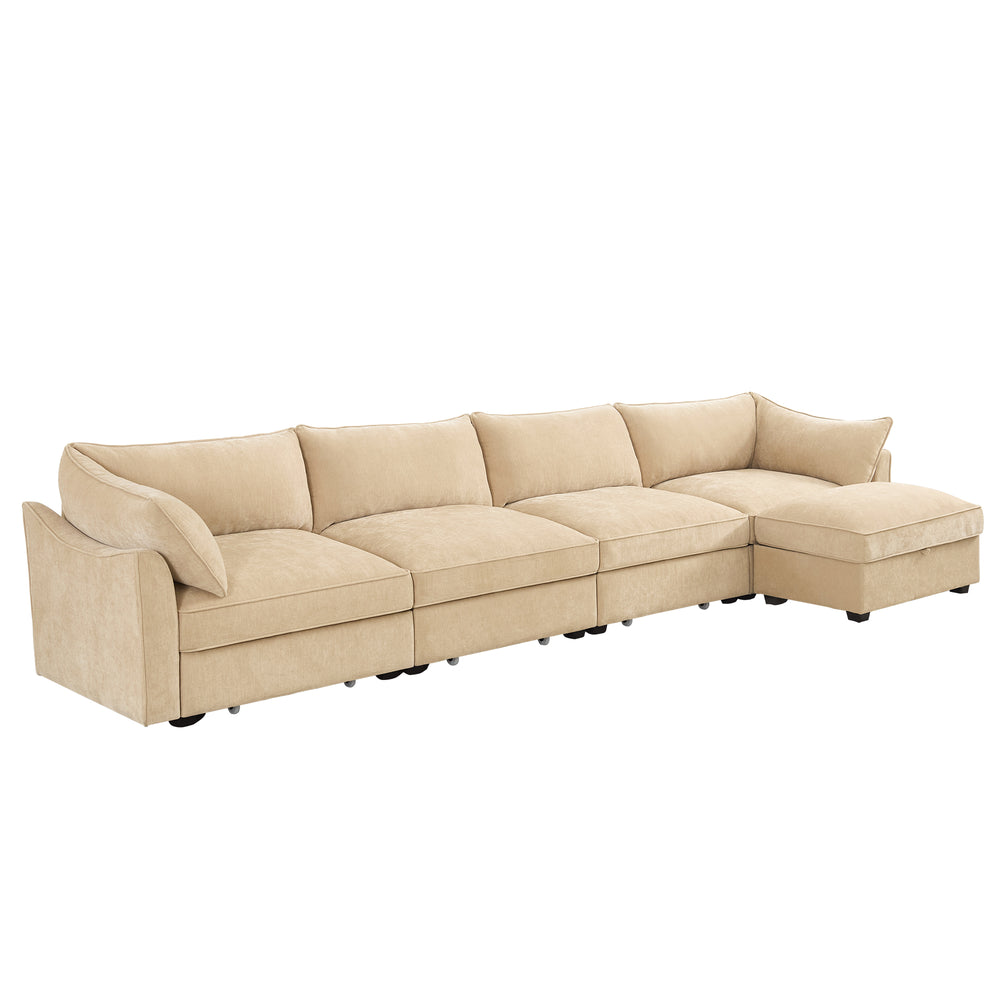 English Elm L-Shaped Modular Sofa With Movable Footstool, Storage Drawers, Crescent Armrests & Chenille Fabric W3041S00180