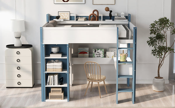 English Elm Full Size Wood Loft Bed With Desk, Storage Shelves & Clothes Rails - Modern Space-Saving Design N7090005007C