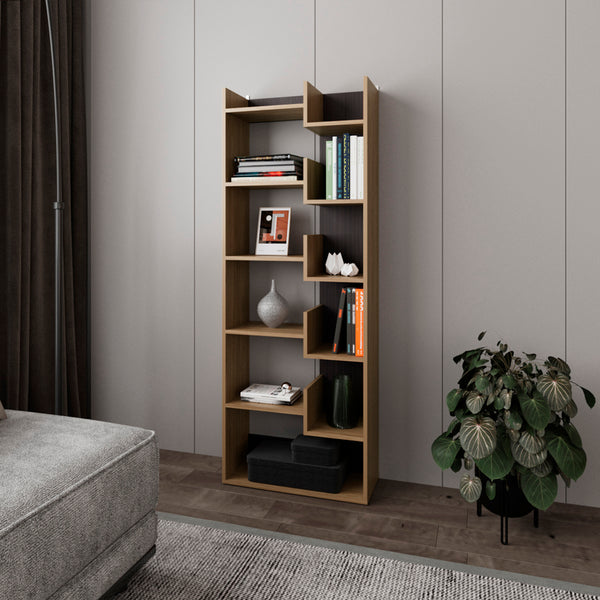 English Elm Magnolia Modern Geometric Bookcase – Macadamia/Black Engineered Wood, Space-Saving Shelf Divider B092P309163
