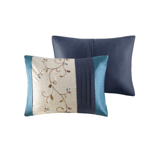 English Elm Embroidered 7-Piece Navy King Comforter Set With Floral Design & Decorative Pillows For Elegance B03596945