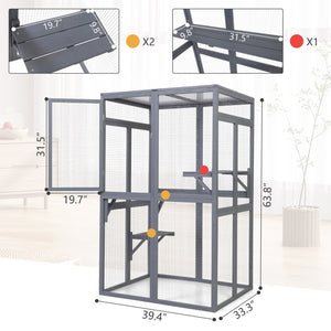 English Elm Wooden Pine Catio Outdoor Cat Enclosure with Hammock Platforms and Rain Shelter Roof W2181P191343