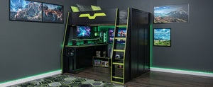English Elm Full Size Wood Loft Bed with Rgb Lighting Desk and Multi-tier Shelves for Gaming Green LT000374AAG