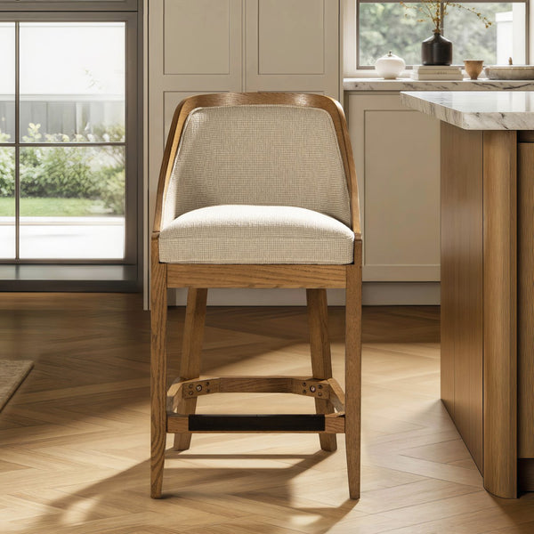 English Elm Jennifer Taylor Home - Charleston 27" Oak Counter Stool with Cane Back & Performance Fabric, Taupe Beige, Durable Comfort B2719P372713