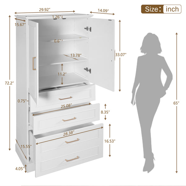 English Elm 72.2'' Tall Freestanding Bathroom Cabinet with 3 Drawers, Adjustable Shelf, Soft-Close Doors, Modern Elegant Design White N729P296769K
