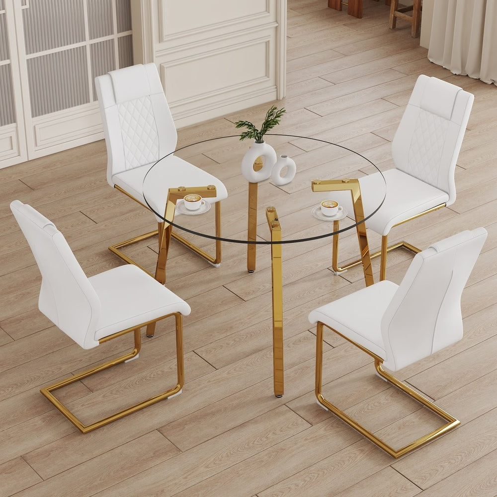 English Elm Table Set - Modern Minimalist Round Clear Glass Table With White High-Back Chairs & Gold Legs W1151S01718-GIGA
