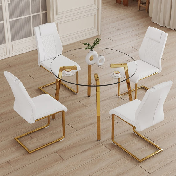 English Elm Table Set - Modern Minimalist Round Clear Glass Table With White High-Back Chairs & Gold Legs W1151S01718-GIGA