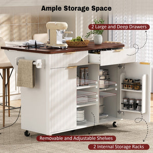 English Elm K&k Fluted Rolling Kitchen Island Faux Marble Top Power Outlet Drop Leaf Storage White N707S000019W