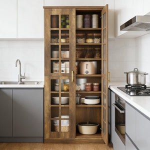 English Elm Tall Pantry Cabinet with Acrylic Doors Adjustable Shelves Modern Rustic Kitchen Storage T3971P452398