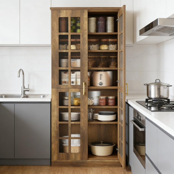 English Elm Tall Pantry Cabinet with Acrylic Doors Adjustable Shelves Modern Rustic Kitchen Storage T3971P452398