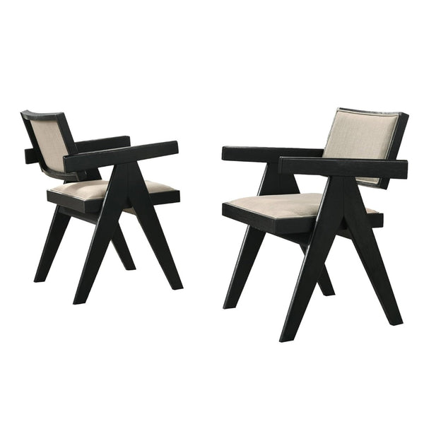 English Elm Set Of 2 Dining Arm Chairs - Beige Upholstered Seats, Sleek Black Frame, Modern Comfort & Style B016P392173-GIGA
