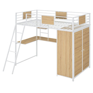 English Elm Twin Loft Bed with L-Shaped Desk and Wardrobe — Space-Saving Iron & Wood Design for Study & Storage White SF000168AAK