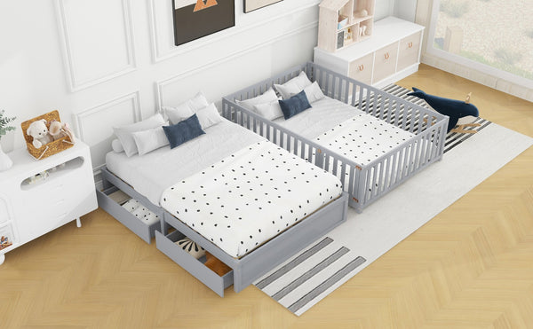 English Elm Full Size Pinewood Kids Daybed with Fence Rails Split Floor Bed and Storage Drawers Gray LP100882AAE