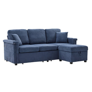 English Elm UNITED Corduroy L-Shaped Sectional Sofa with Storage Ottoman, USB Ports, Cup Holders & LED Lighting Navy W1568P332406