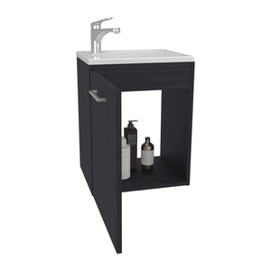 English Elm Saju 15.7" Floating One-Door Vanity Cabinet with Resin Sink, Black Wenge, Slim Modern Storage B200P335375