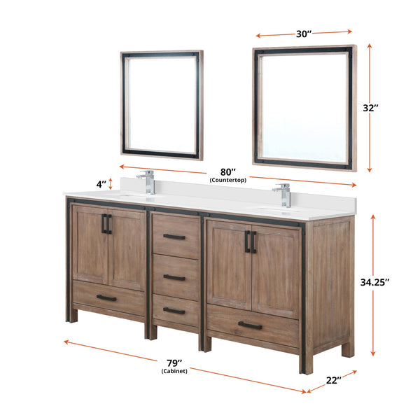 English Elm Rustic Barnwood Double Bath Vanity 80" W x 22" D with White Quartz Top, Chrome Faucet, 30" Mirrors B2731S01134