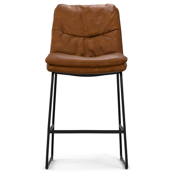 English Elm Danika Upholstered Counter Stool Set of 2 — Distressed Vegan Leather, Tufted Padded Seat, Metal Base Camel+Brown B136P252649