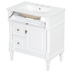 English Elm 30" Freestanding Bathroom Vanity Rubberwood Frame Ceramic Sink Flip Drawer Storage White N725P356062K