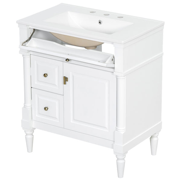 English Elm 30" Freestanding Bathroom Vanity Rubberwood Frame Ceramic Sink Flip Drawer Storage White N725P356062K