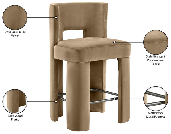 Meridian Furniture Zuno Velvet Upholstered Counter Stool with Solid Wood Frame and Matte Black Footrest for Kitchens Beige 947Beige-C